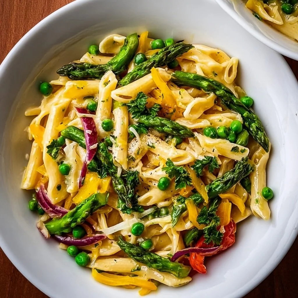 A colorful plate of Spring Pasta with fresh vegetables and herbs.