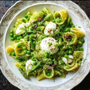 Spring pasta dish with leek and pea sauce, garnished with fresh burrata cheese.