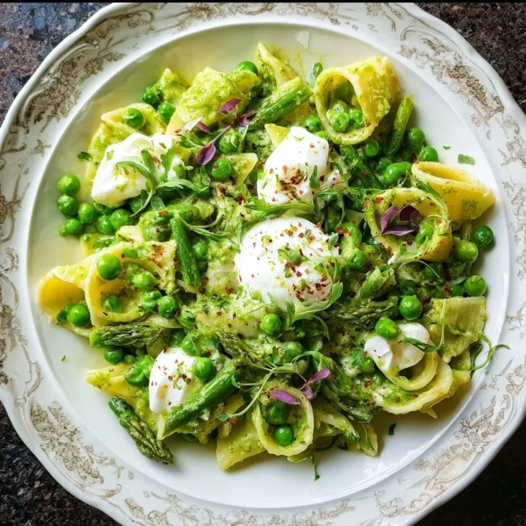 Spring pasta dish with leek and pea sauce, garnished with fresh burrata cheese.