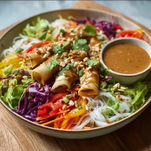 Delicious Spring Roll Salad with colorful vegetables and creamy peanut sauce.