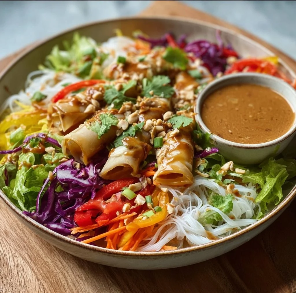 Delicious Spring Roll Salad with colorful vegetables and creamy peanut sauce.