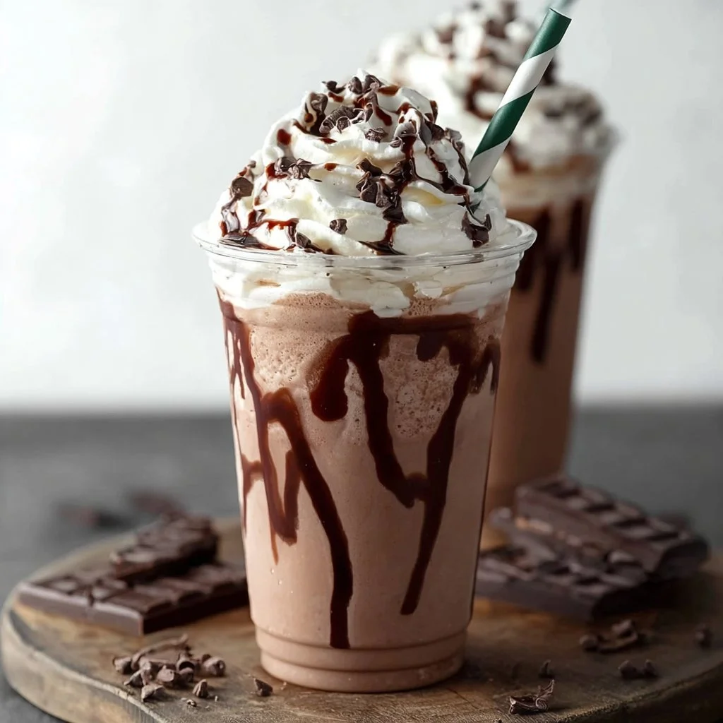 Starbucks Double Chocolate Chip Frappuccino with whipped cream and chocolate chips