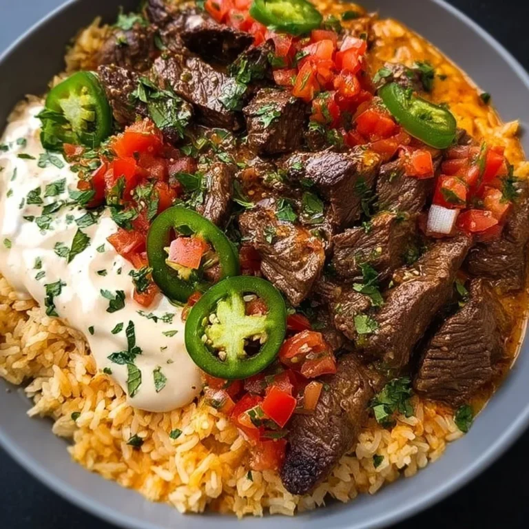 Delicious Steak Queso Rice topped with cheese and served with gourmet seasoning.