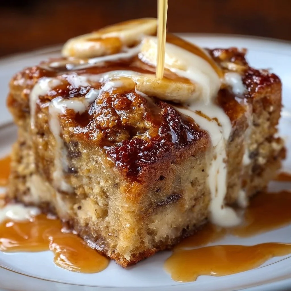 Sticky banana bread pudding cake with sliced bananas on top