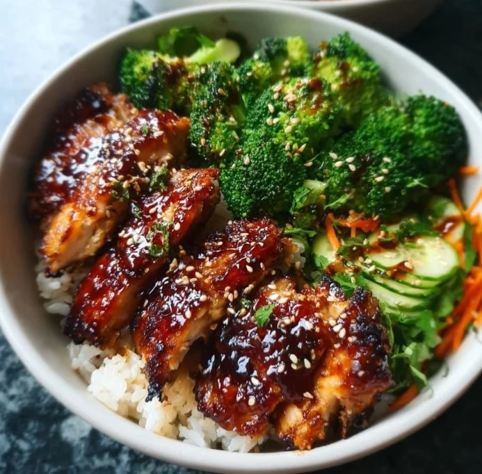 Sticky Chicken Bowls with colorful vegetables and rice in a bowl