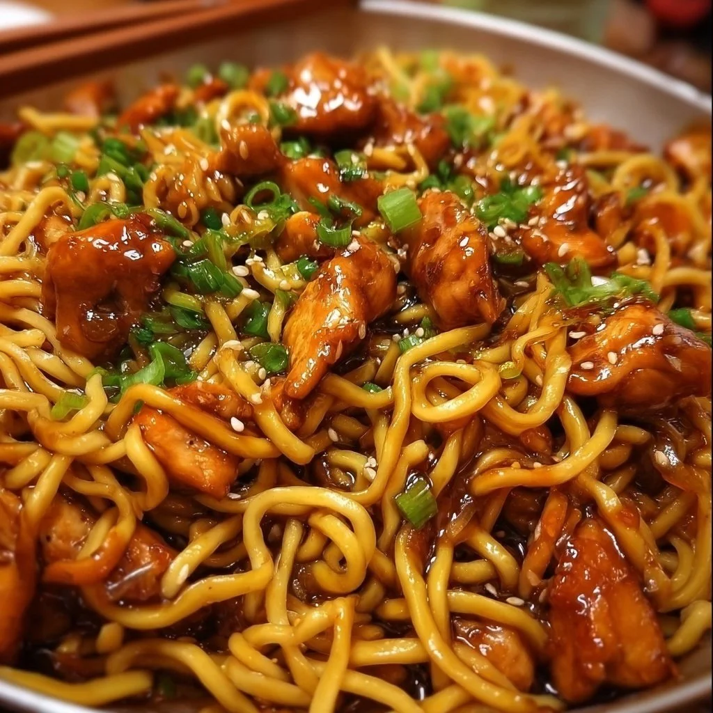 Sticky garlic chicken noodles served in a bowl.
