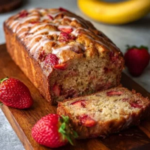 Loaf of freshly baked Strawberry Banana Bread with slices on a wooden board