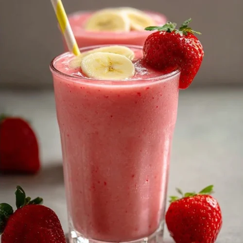 Delicious strawberry banana smoothie in a glass with fresh strawberries and bananas