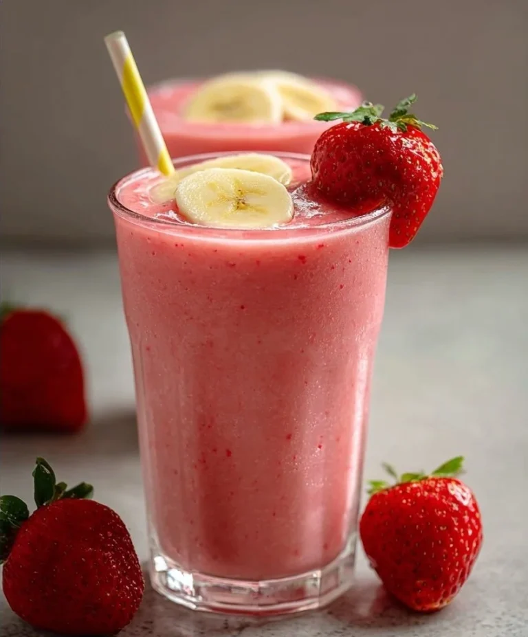 Delicious strawberry banana smoothie in a glass with fresh strawberries and bananas