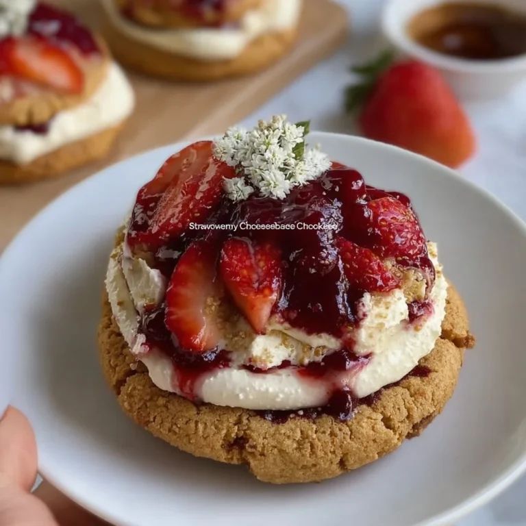 Delicious strawberry cheesecake cookies topped with fresh strawberries.