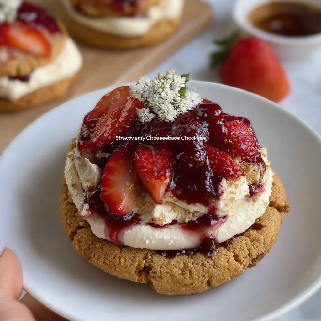 Delicious strawberry cheesecake cookies topped with fresh strawberries.