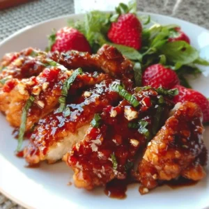 Delicious strawberry chicken dish with vibrant colors and garnishes.