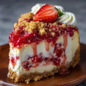 Delicious Strawberry Crunch Cheesecake with a crunchy strawberry topping.