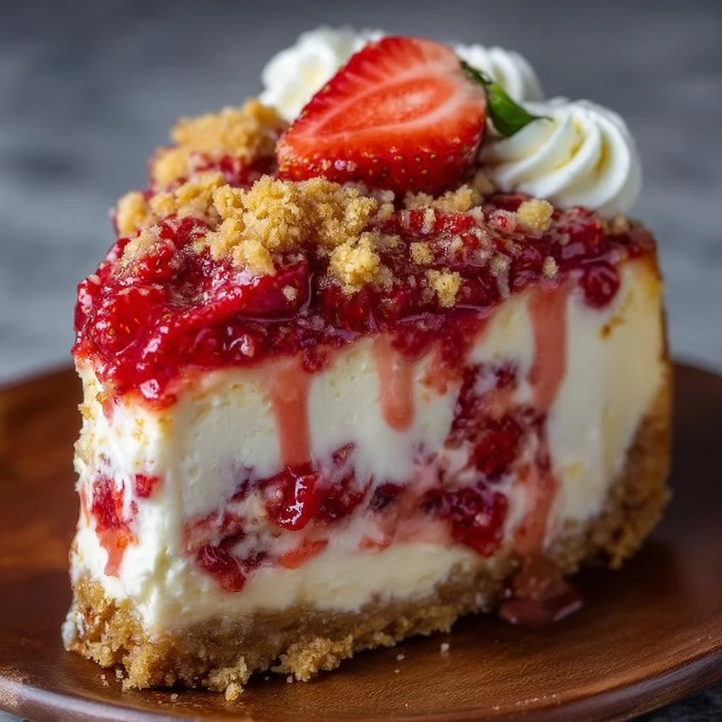 Delicious Strawberry Crunch Cheesecake with a crunchy strawberry topping.