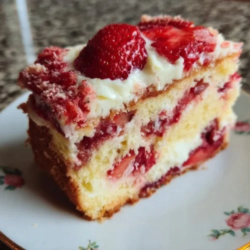 Delicious strawberry earthquake cake topped with strawberries and cream.
