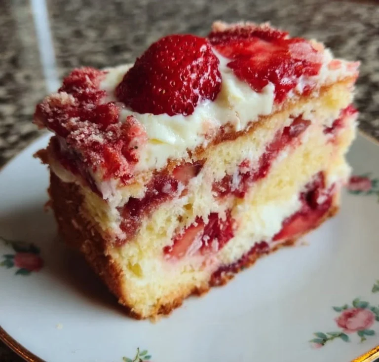 Delicious strawberry earthquake cake topped with strawberries and cream.