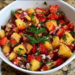 Bowl of vibrant strawberry pineapple salsa with fresh ingredients