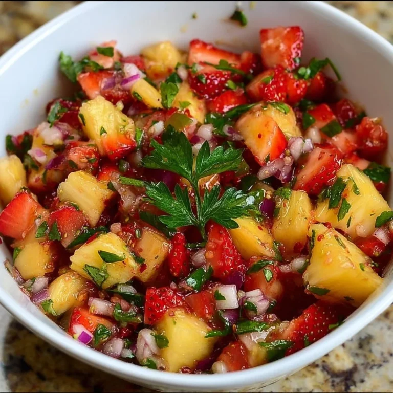 Bowl of vibrant strawberry pineapple salsa with fresh ingredients