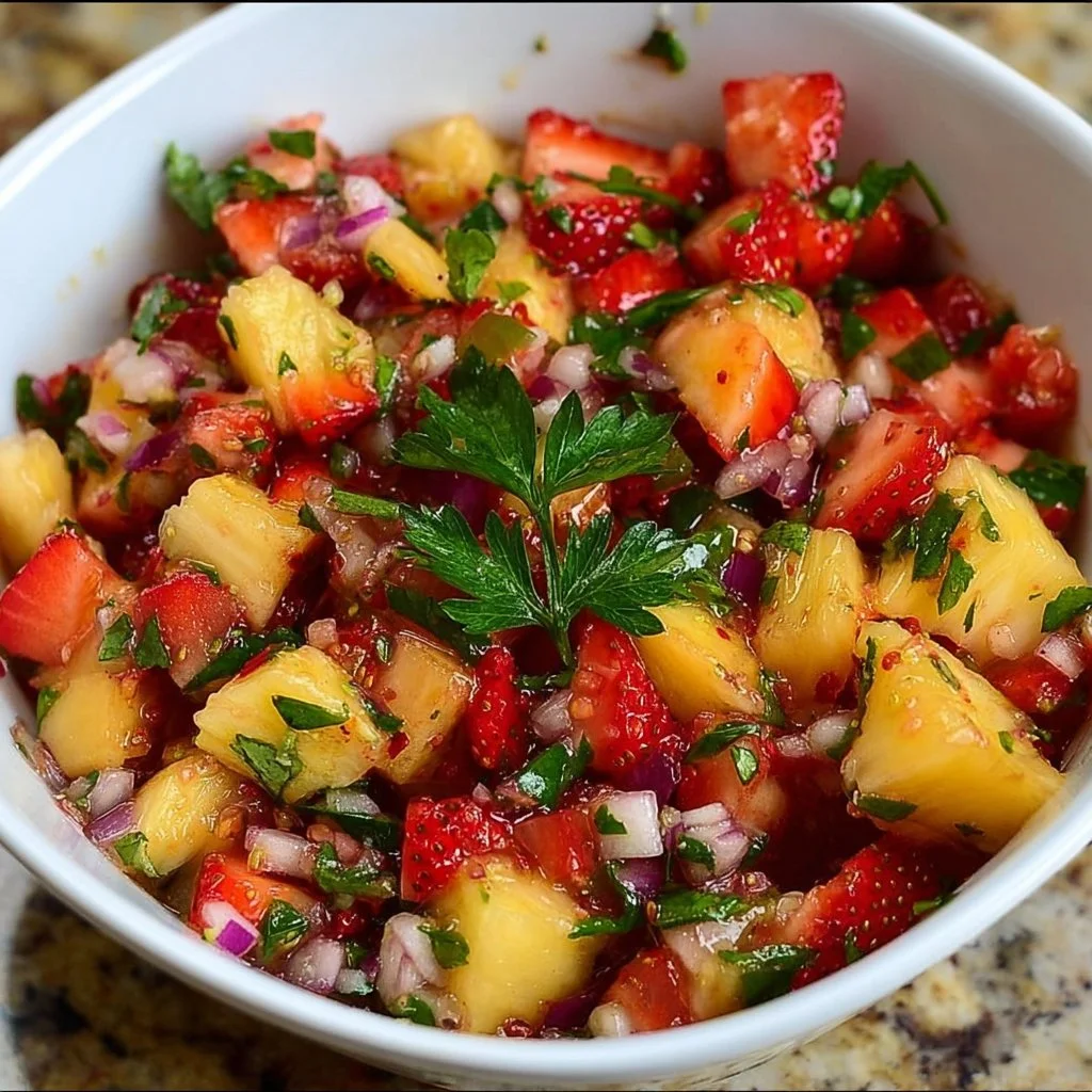 Bowl of vibrant strawberry pineapple salsa with fresh ingredients