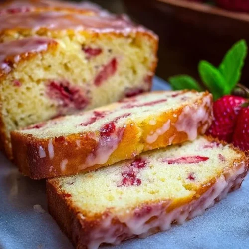 Delicious slice of strawberry pound cake with fresh strawberries on top