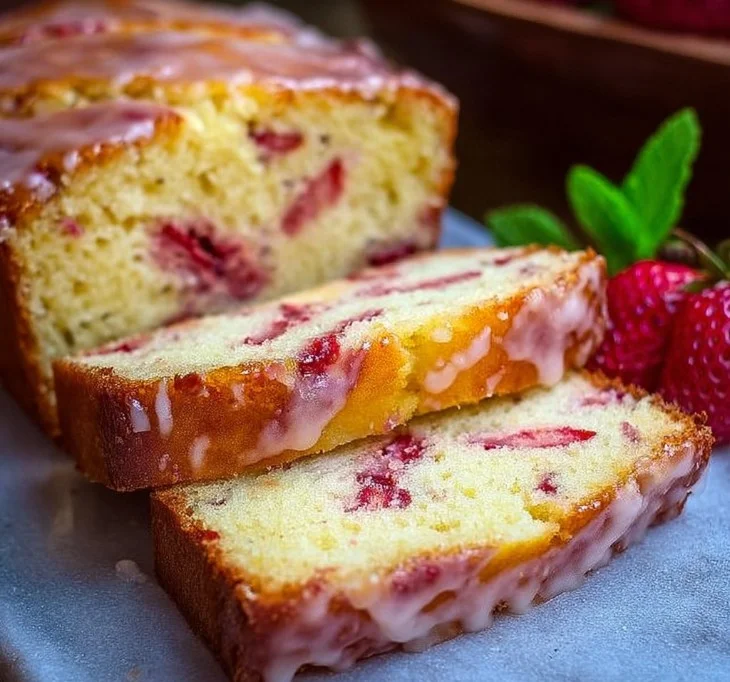 Delicious slice of strawberry pound cake with fresh strawberries on top