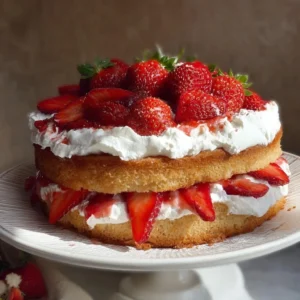 Delicious homemade Strawberry Shortcake Cake with fresh strawberries and cream.