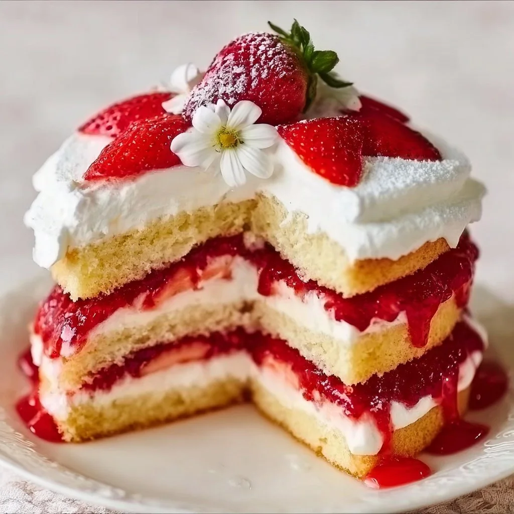 Delicious strawberry shortcake topped with fresh strawberries and whipped cream on sponge cake