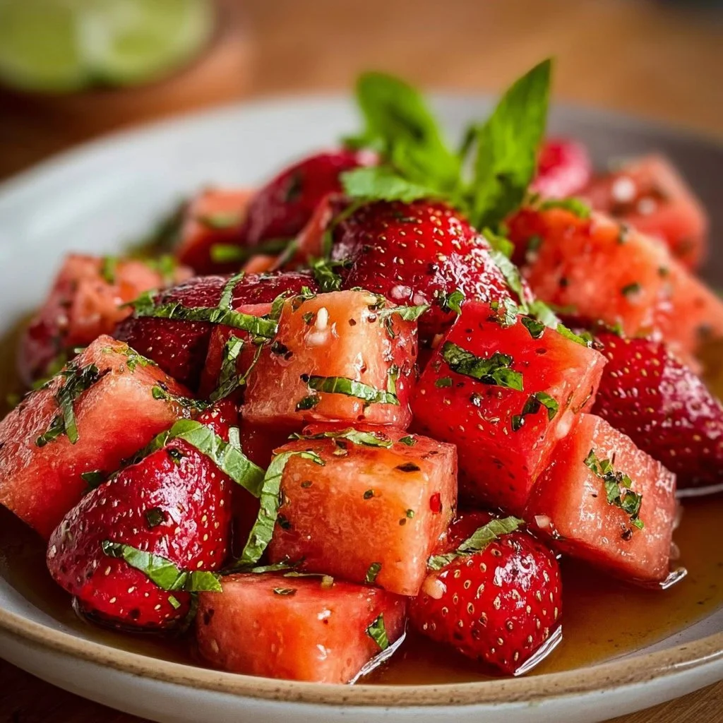 Delicious strawberry watermelon salad topped with honey and fresh mint.