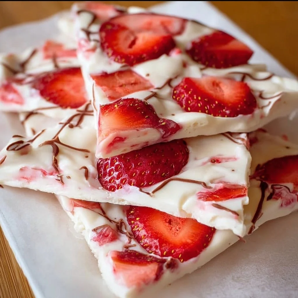 Delicious strawberry yogurt bark topped with fresh strawberries and nuts