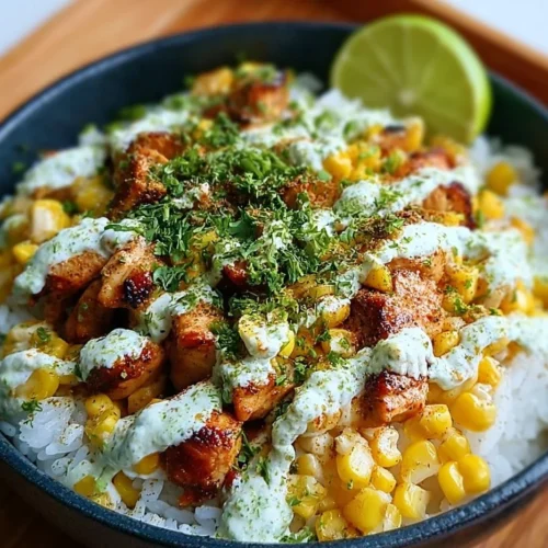 Delicious Street Corn Chicken Rice Bowl with creamy corn and grilled chicken