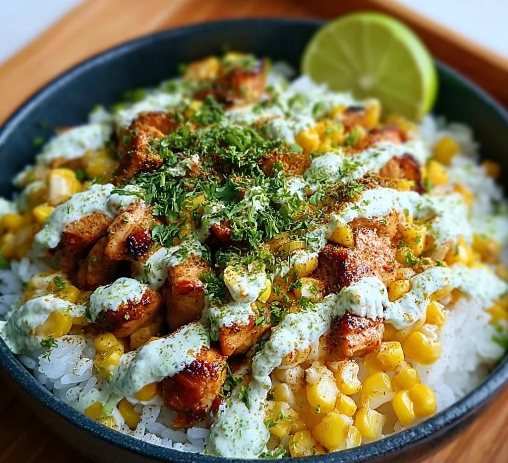 Delicious Street Corn Chicken Rice Bowl with creamy corn and grilled chicken