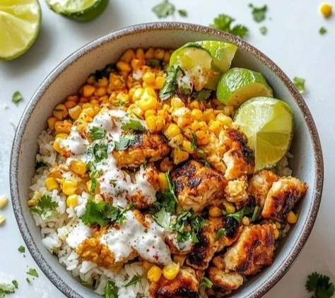 Delicious Street Corn Chicken Rice Bowl with vibrant toppings and seasonings