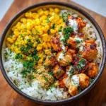Delicious Street Corn Chicken Rice Bowl with grilled chicken, corn, and rice.