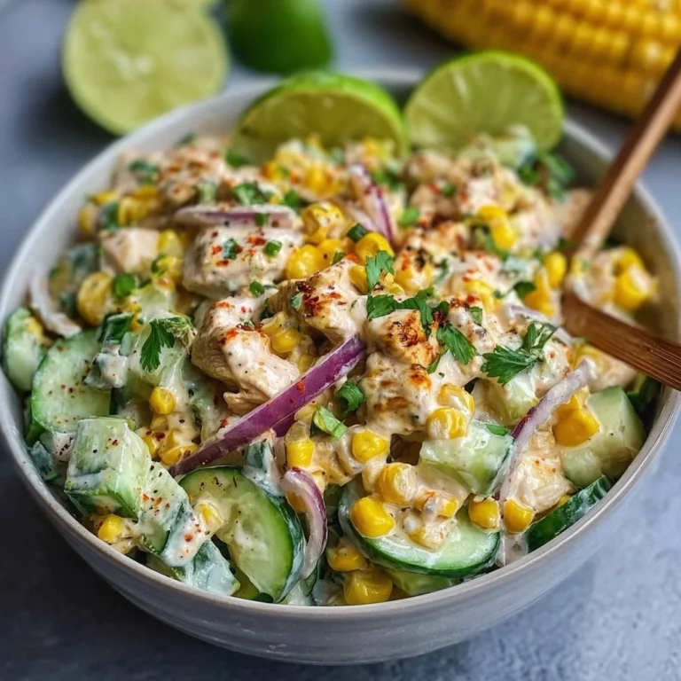 Street Corn Creamy Cucumber Chicken Salad in a bowl, garnished with herbs