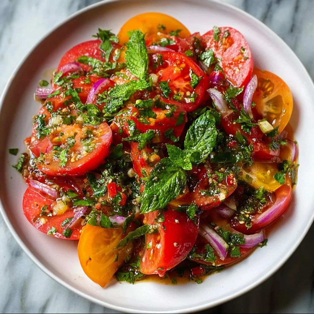 Fresh summer basil tomato salad with vibrant colors and flavors.