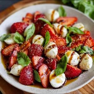 Summer Strawberry Caprese Salad with fresh strawberries, mozzarella, and basil