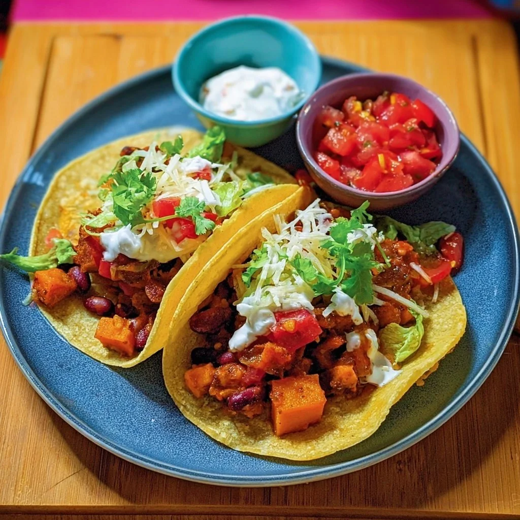 Sweet Potato and Bean Chilli Tacos served in a vibrant plate.