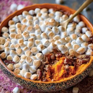 Sweet Potato Casserole with Pecans Delicious sweet potato casserole topped with pecans in a baking dish