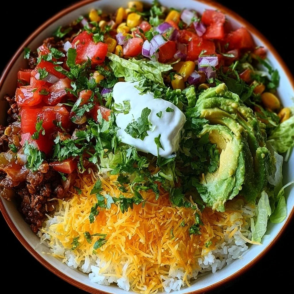 Colorful Taco Rice Bowl with fresh ingredients and a flavorful topping.