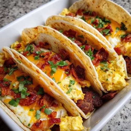 Delicious baked breakfast tacos served on a plate with fresh toppings