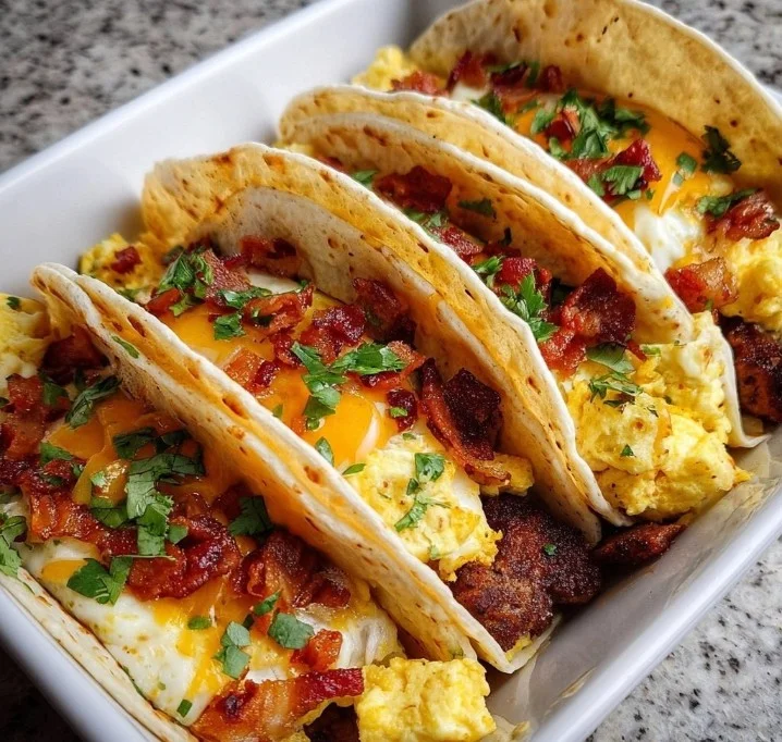 Delicious baked breakfast tacos served on a plate with fresh toppings