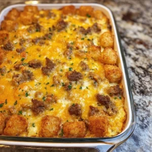 Tasty Tater Tot Sausage Breakfast Casserole served in a baking dish