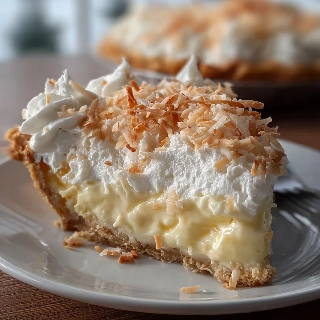 Delicious coconut cream pie topped with whipped cream and coconut flakes