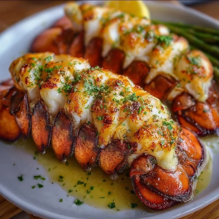 Delicious baked lobster tails served on a plate with lemon and herbs