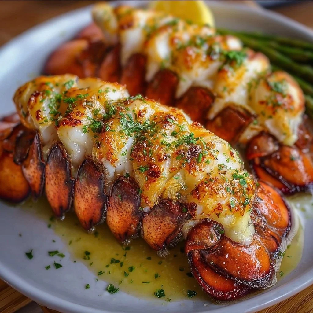 Delicious baked lobster tails served on a plate with lemon and herbs