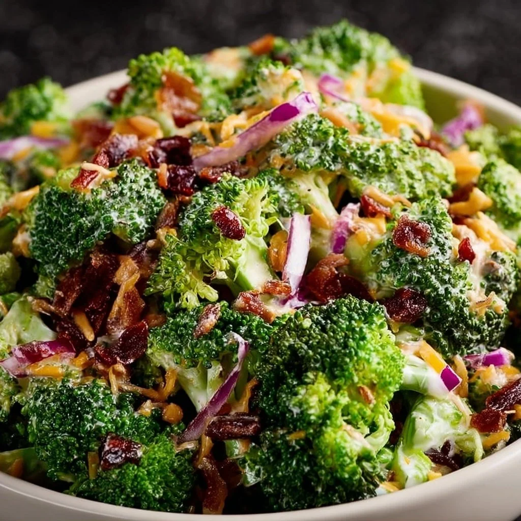 Delicious broccoli salad with crunchy vegetables and dressing