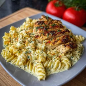 Creamy garlic parmesan chicken pasta dish topped with fresh parsley