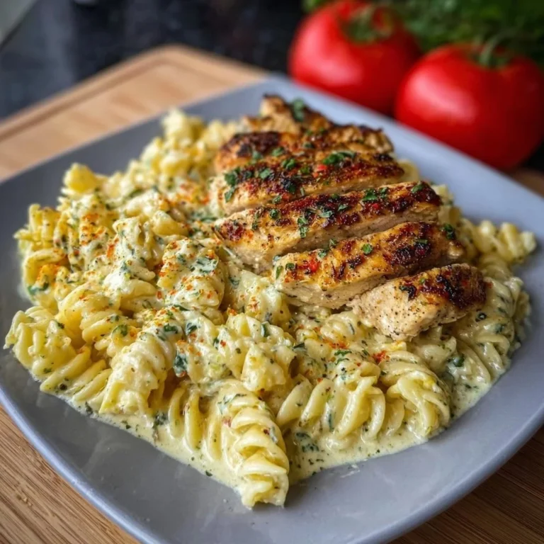 Creamy garlic parmesan chicken pasta dish topped with fresh parsley