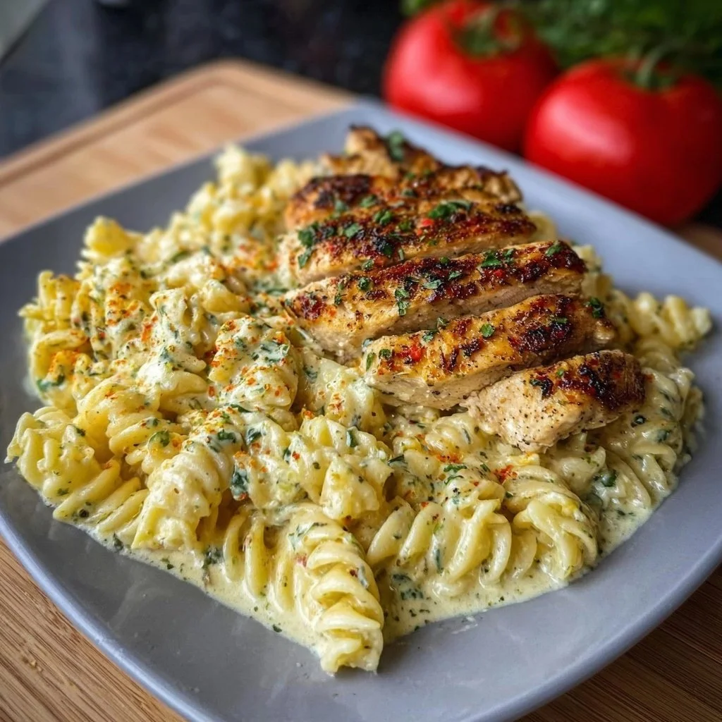 Creamy garlic parmesan chicken pasta dish topped with fresh parsley
