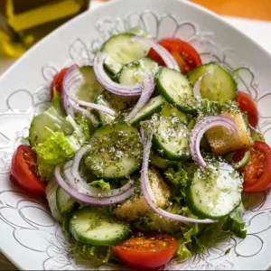 A colorful bowl of Timeless Salad with fresh vegetables and dressing